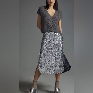NWOT ANTHROPOLOGIE OVAL FRINGE PAILLETTE SEQUIN PENCIL MIDI SKIRT OPTIC SILVER 2